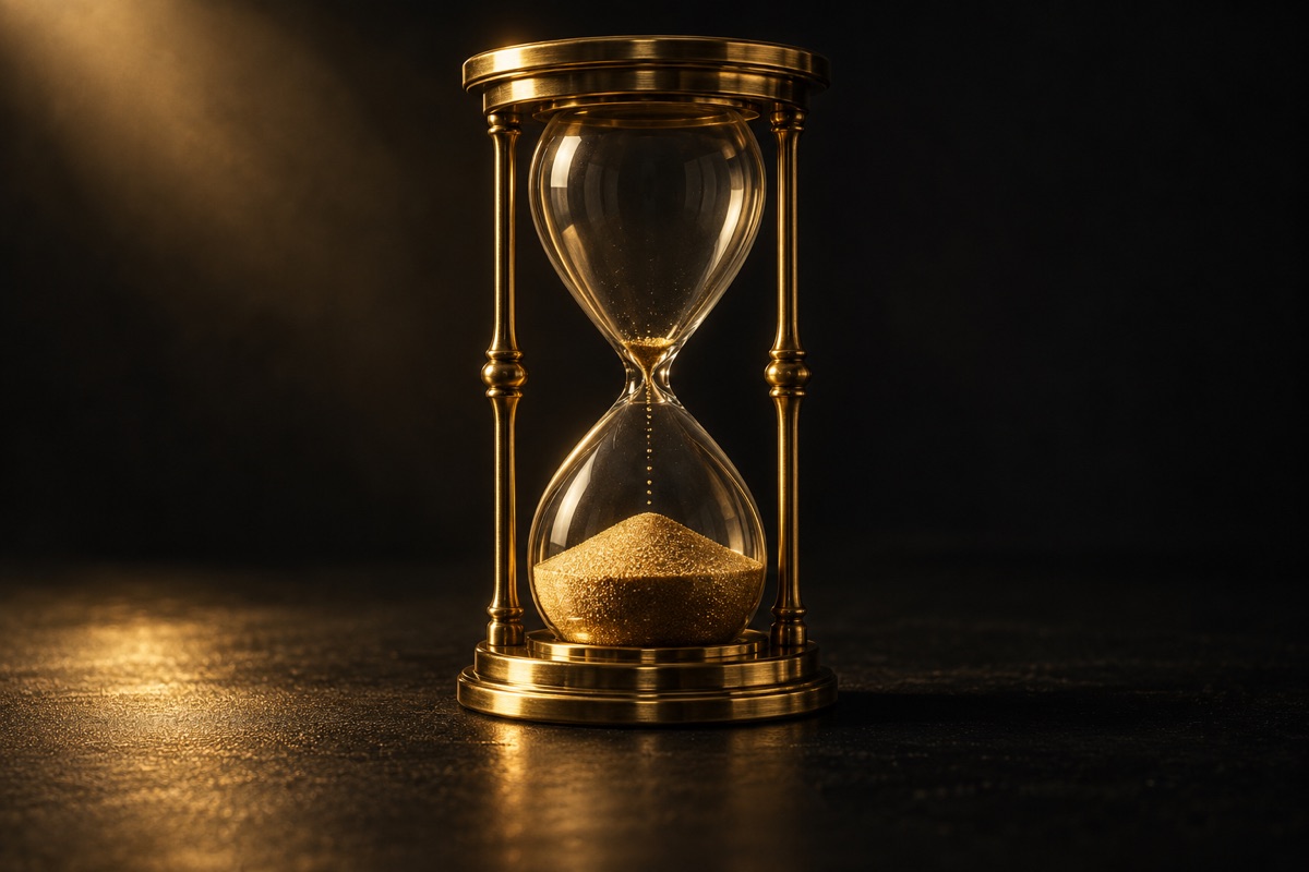 Un reloj de arena de latón dorado casi vacío sobre una superficie negra, con los últimos granos cayendo bajo un foco cálido