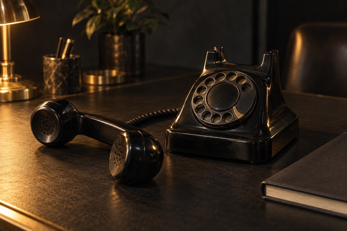 Un teléfono antiguo de baquelita negra con el auricular descolgado sobre una mesa, iluminado por una luz cálida lateral
