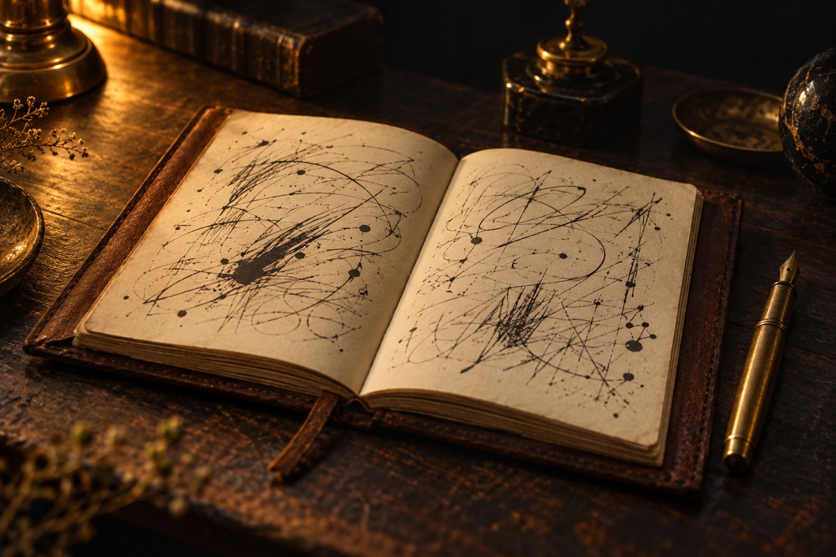 Un cuaderno de cuero abierto sobre una mesa oscura con páginas llenas de notas a mano ilegibles, una pluma de latón al lado y luz dorada lateral