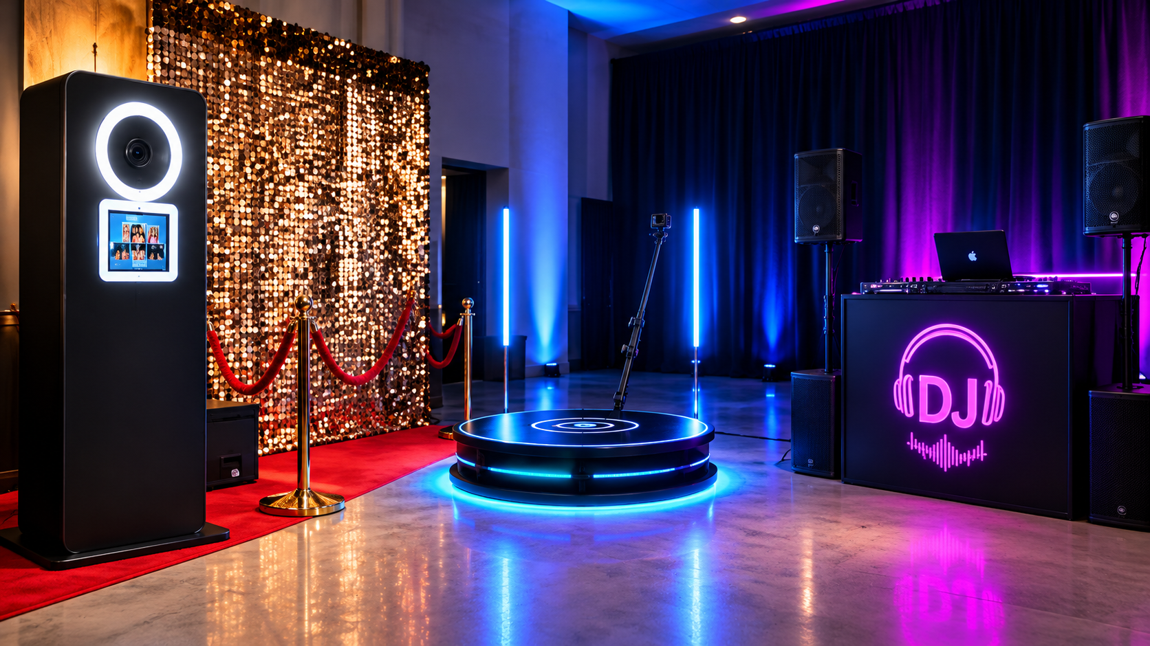 Photo booth, 360 platform, and DJ event setup