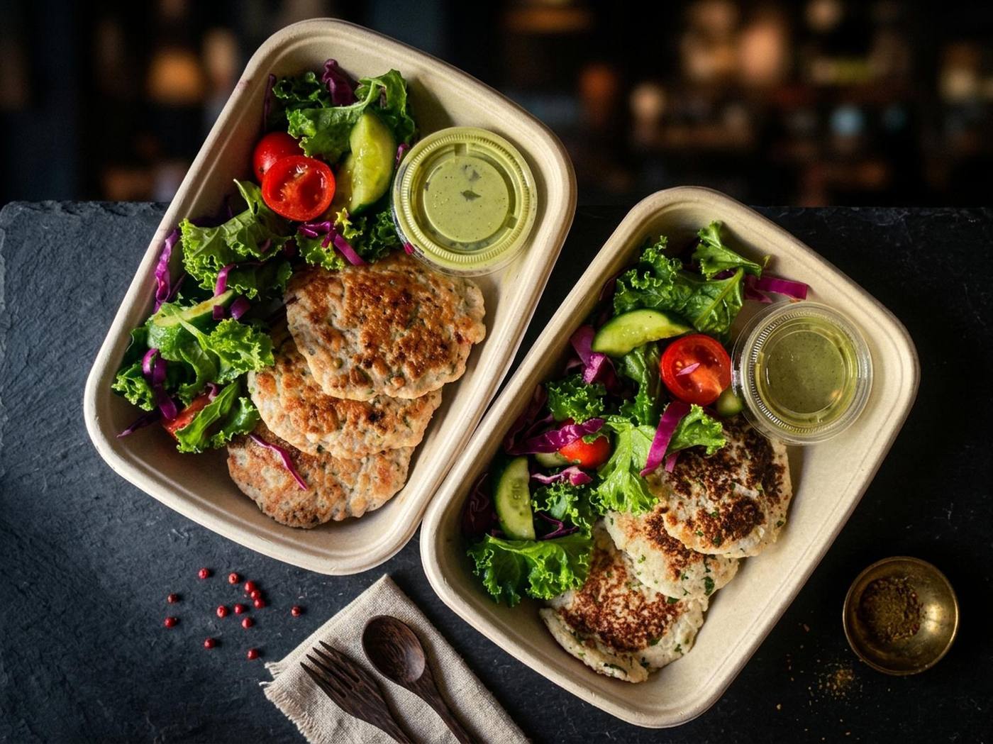 Two meal boxes with salads on dark slate