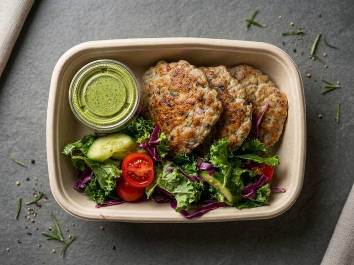 High-protein meal box with chicken patties and fresh kale salad