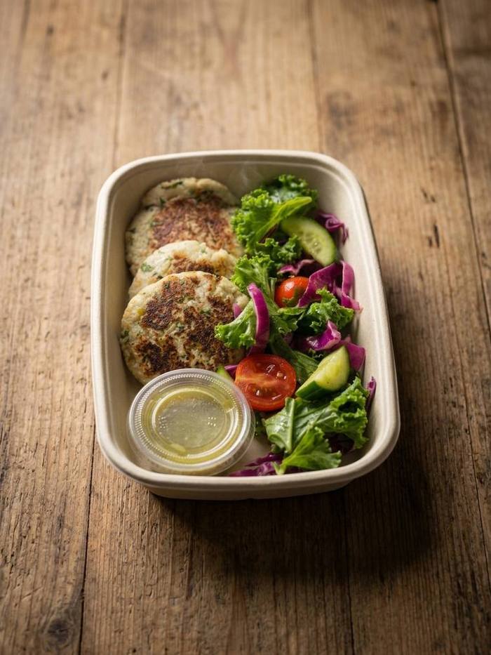 Meal box with salad and dressing on rustic wood