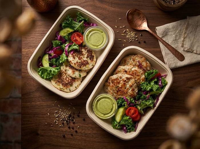 Two fresh meal boxes with copper spoon on wooden table