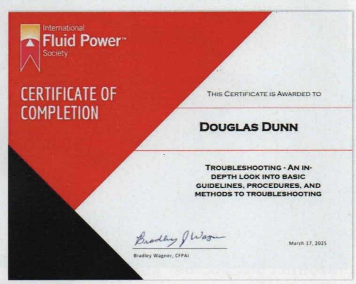 International Fluid Power Society certificate awarded to Douglas Dunn