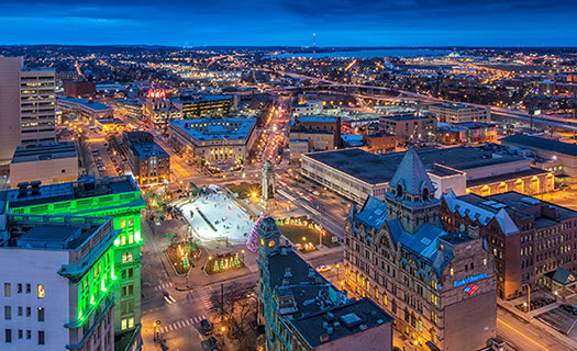 Downtown Syracuse, New York at dusk