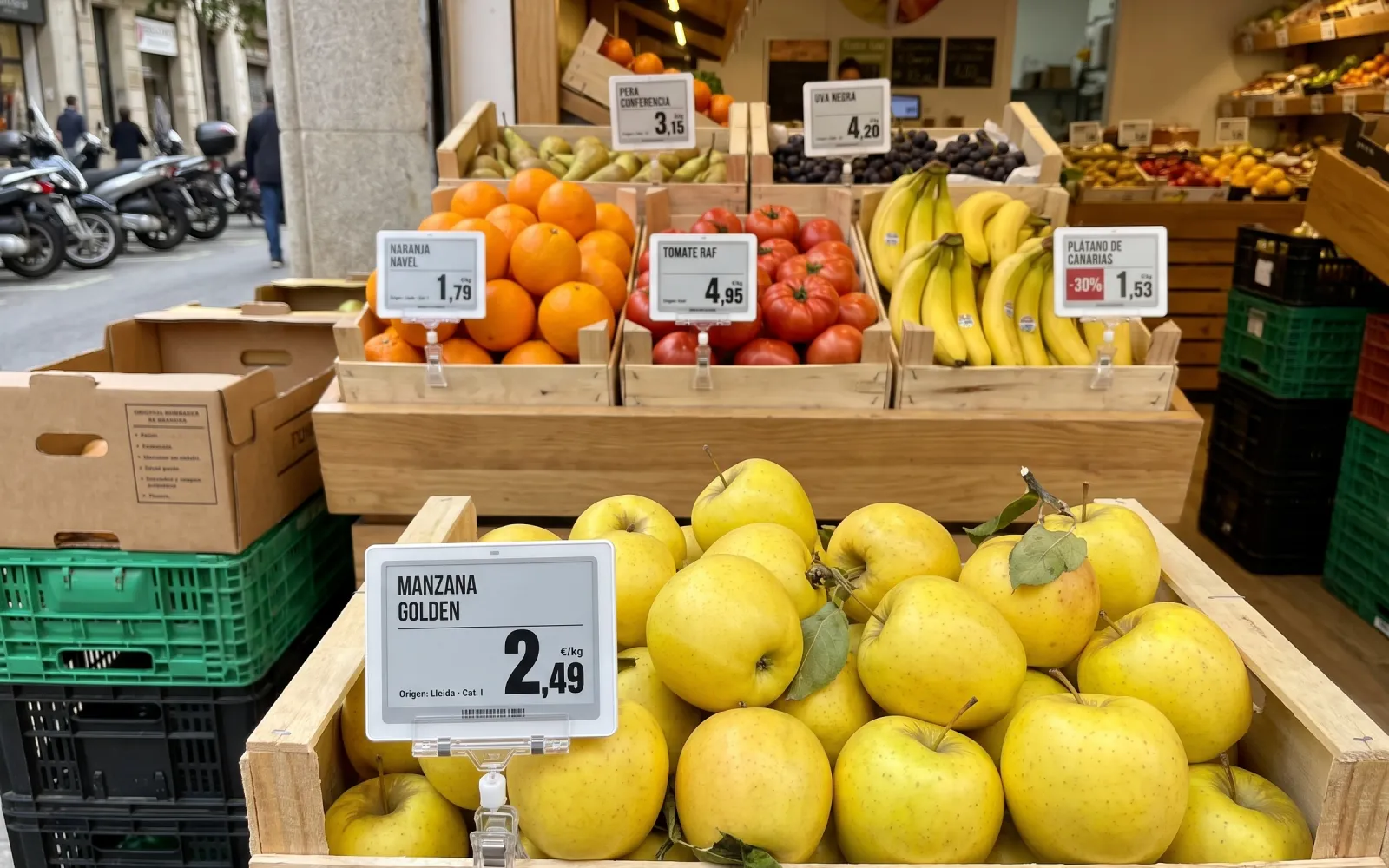 Neighbourhood fruit shop with 4.2-inch electronic labels on each crate: Golden apples at €2.49/kg, navel oranges, Raf tomatoes and Canary Islands bananas with a 30% discount