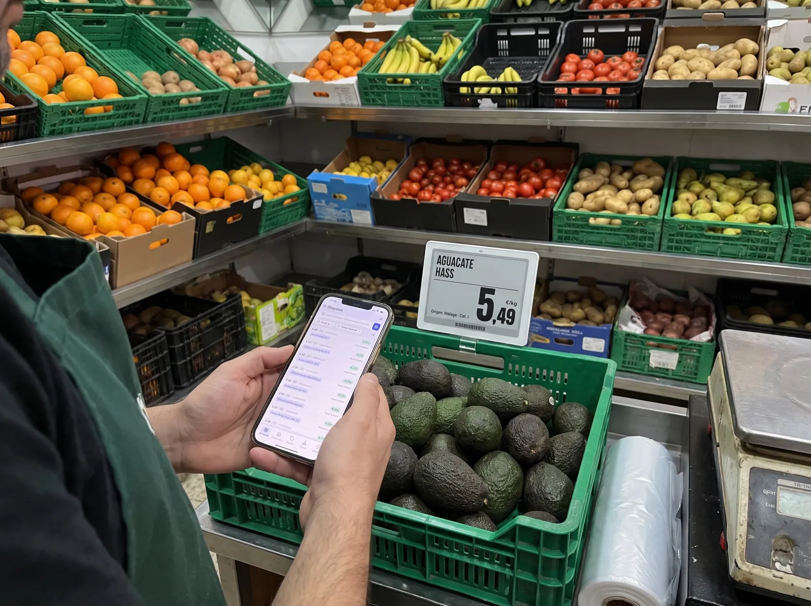 Greengrocer linking an electronic label on a crate of Hass avocados at €5.49/kg using a phone