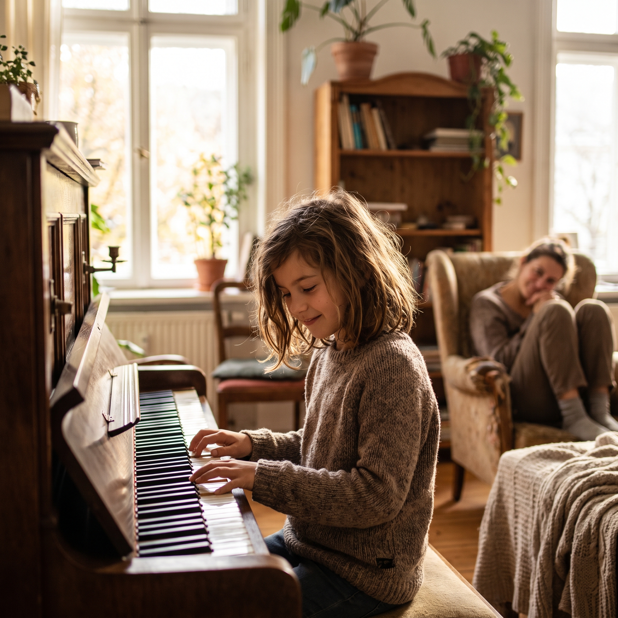 KI-generiertes Bild: Ein Mädchen sitzt am Klavier und spielt, die Mutter hört im Hintergrund zu