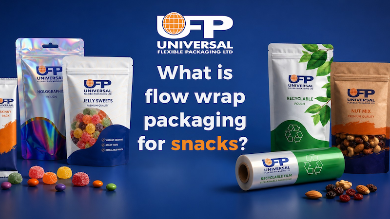Flow wrap packaging production for snack products at Universal Flexible Packaging in Leicester.