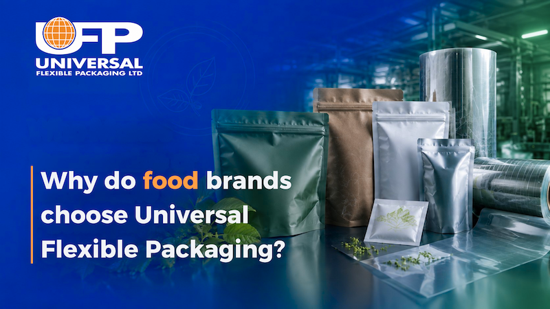 Recyclable flexible food packaging produced by Universal Flexible Packaging for UK food manufacturers.