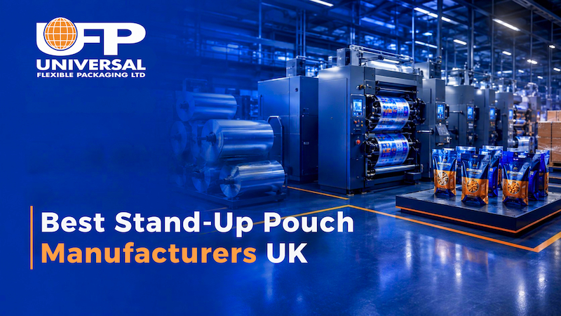 Stand-up pouch manufacturing at Universal Flexible Packaging for UK food and consumer brands.