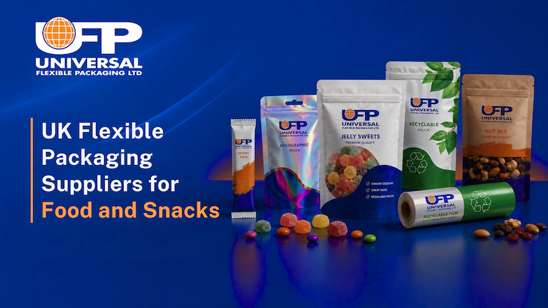 Flexible food packaging production at Universal Flexible Packaging with printed snack pouches and film reels.