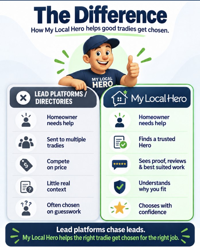 The Difference: lead platforms send a homeowner to multiple tradies who compete on price with little context. My Local Hero helps them find a trusted Hero, see proof and best-suited work, understand why you fit and choose with confidence.
