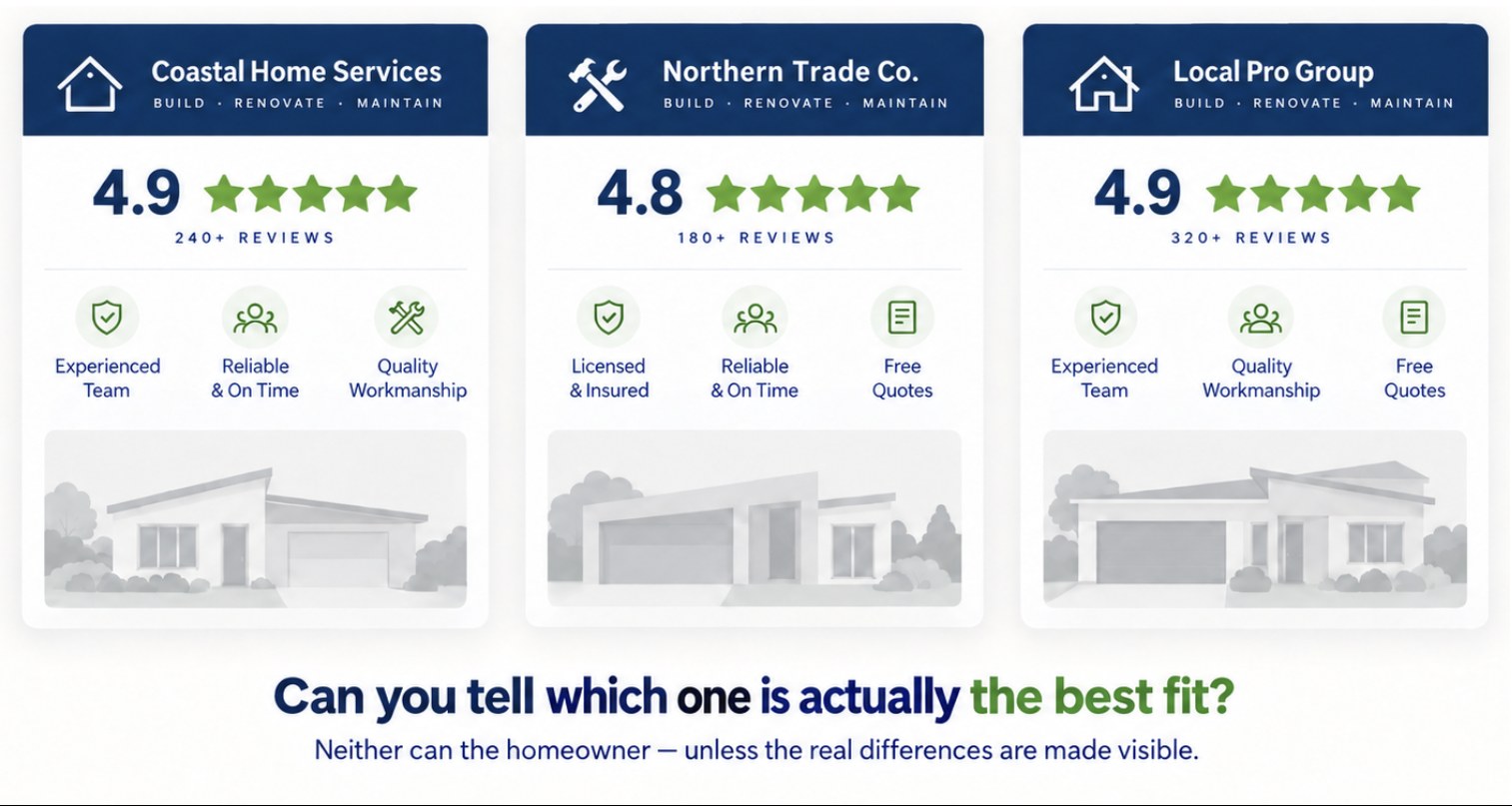 Three tradie cards rated 4.9, 4.8 and 4.9 stars, all claiming the same things. Can you tell which one is actually the best fit? Neither can the homeowner.