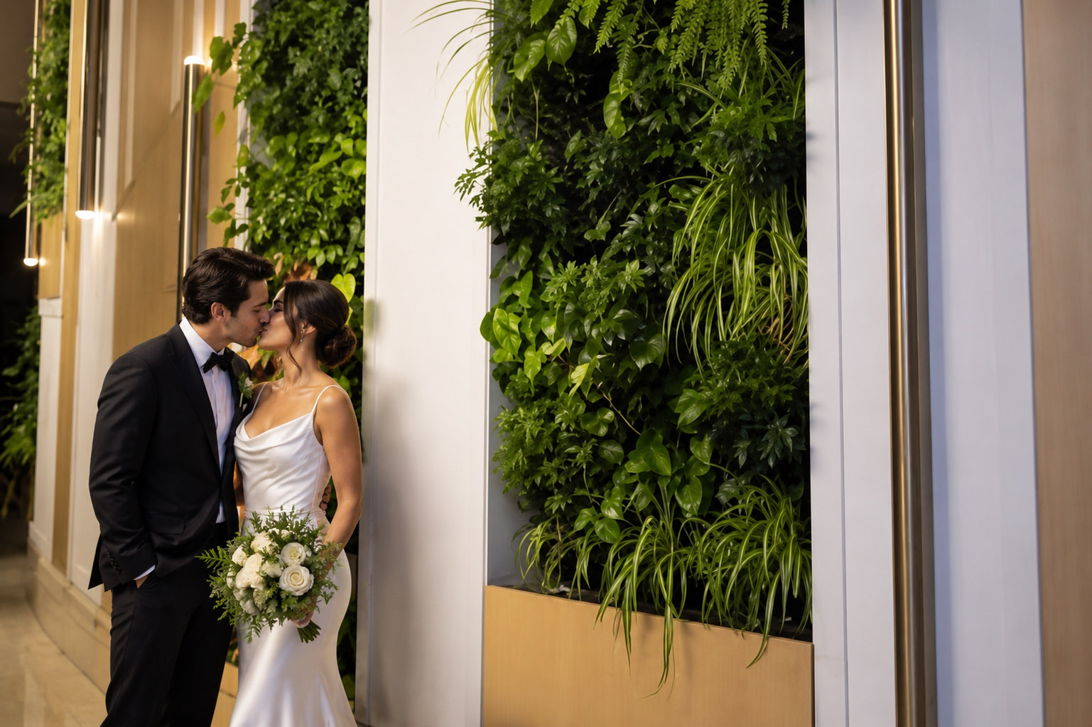 Wedding couple in front of an indoor living wall at a hospitality venue