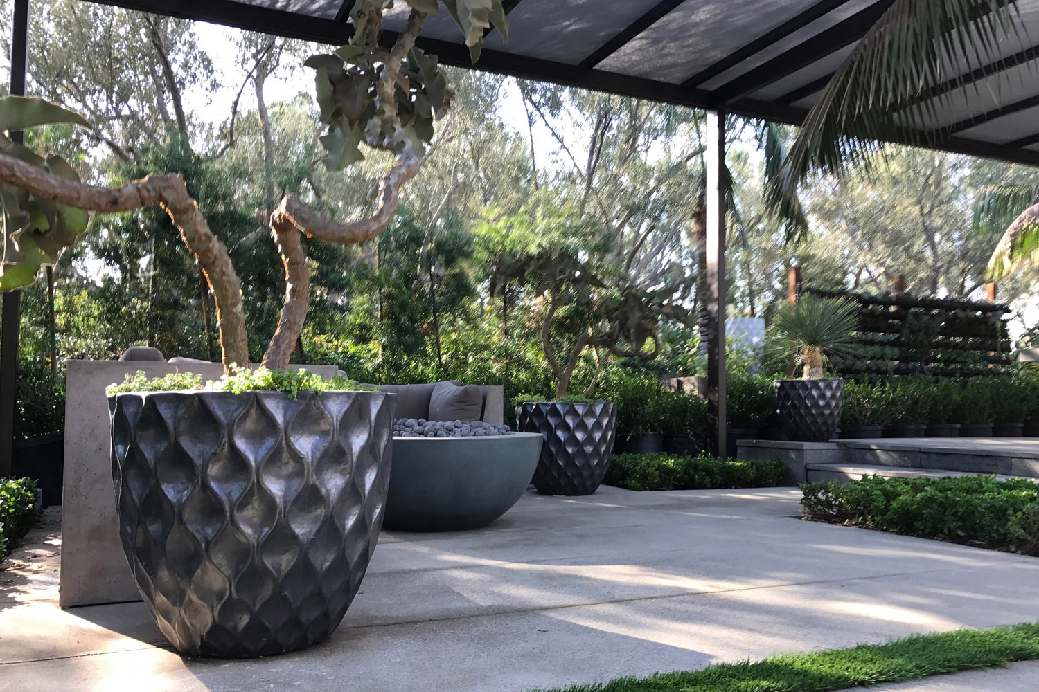 Outdoor living room with sculptural black planters and courtyard landscape