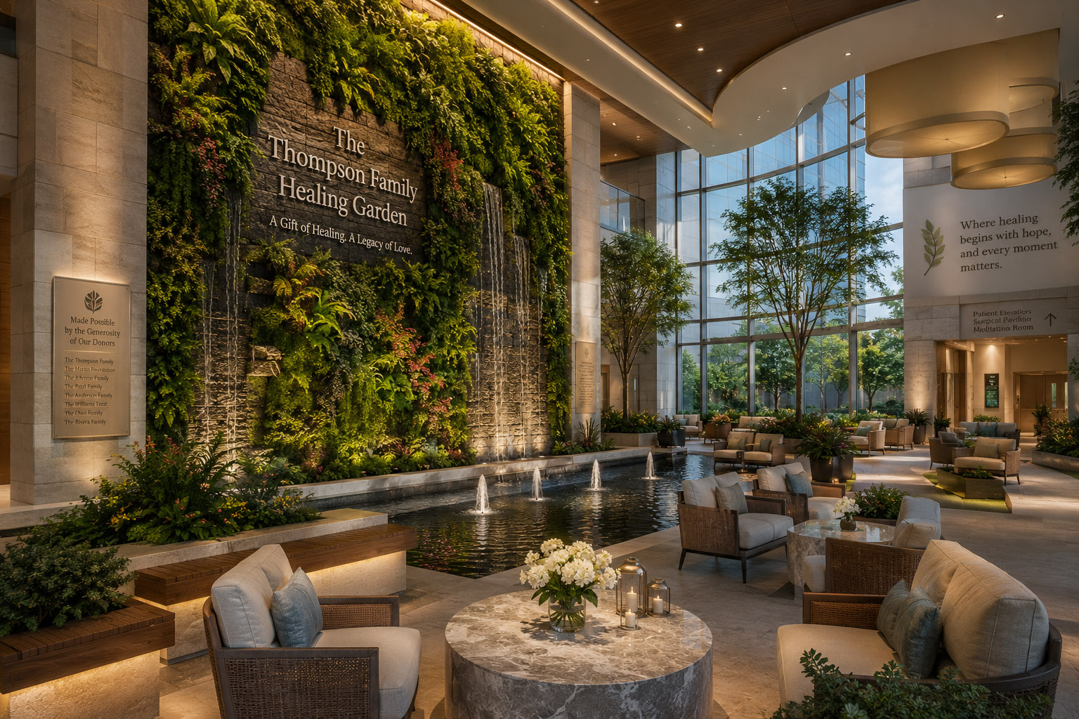 Luxury hospital healing garden with living walls, fountains, pergolas, architectural pottery, ADA bridge, and peaceful outdoor seating