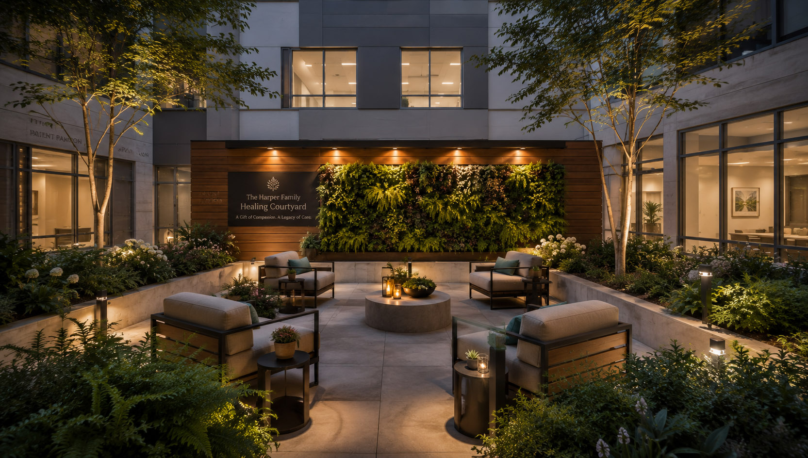 Healthcare healing garden and vertical garden installation