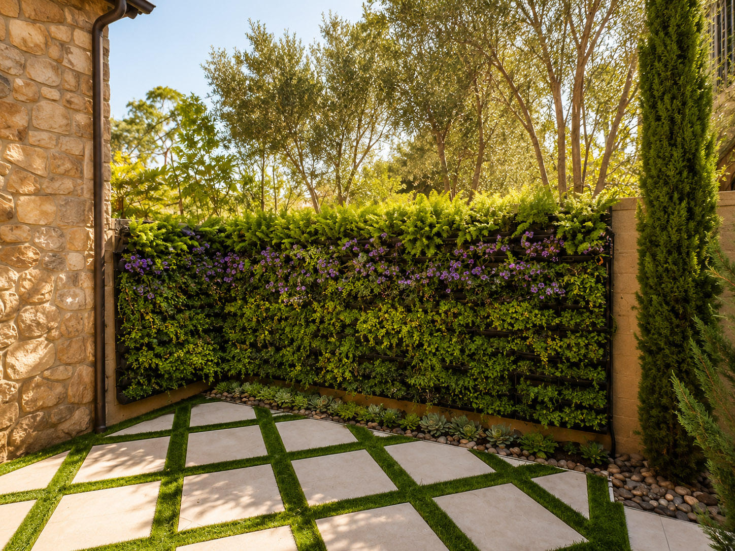 Garden living wall enclosing a luxury courtyard with grass-joint paver patio