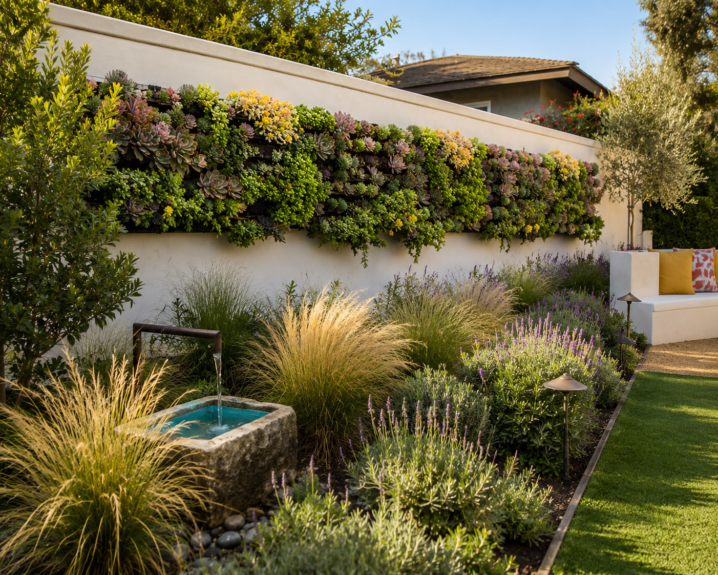 Courtyard living wall above drought-tolerant garden with water feature, residential landscape design