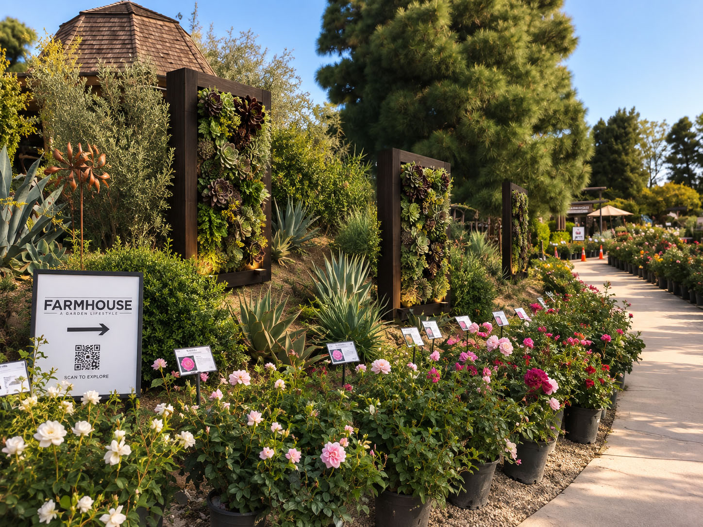 Garden center path with living walls and flowering plantings