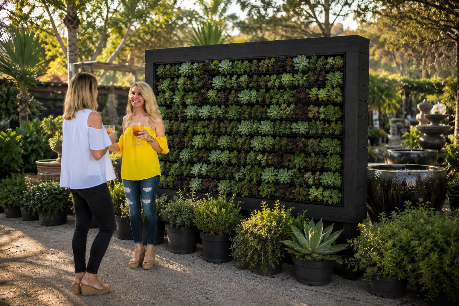 Succulent living wall display at a Southern California garden center
