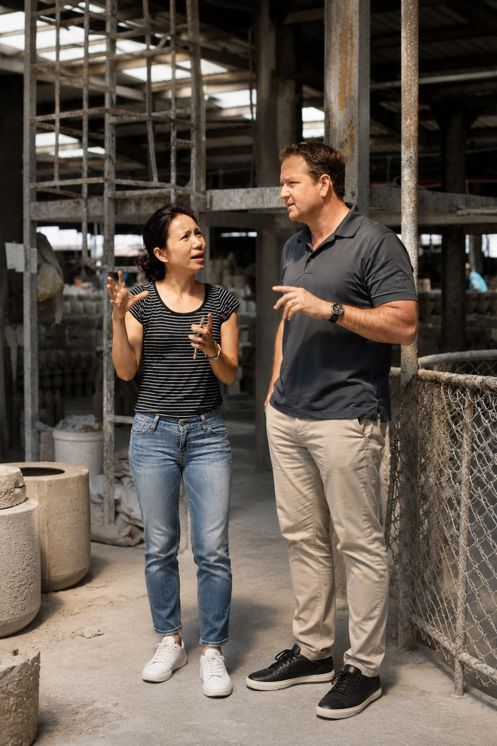 David Bishop discussing production planning with Vietnam factory team