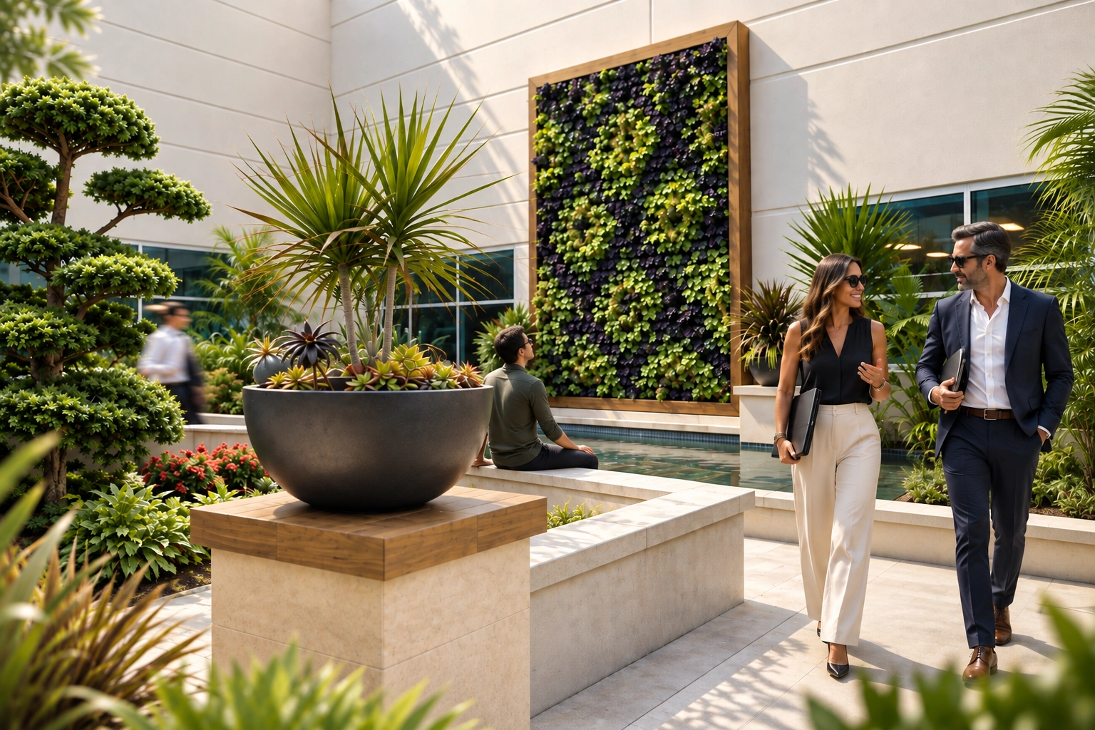 Commercial courtyard living wall with sculptural planters and pedestrians