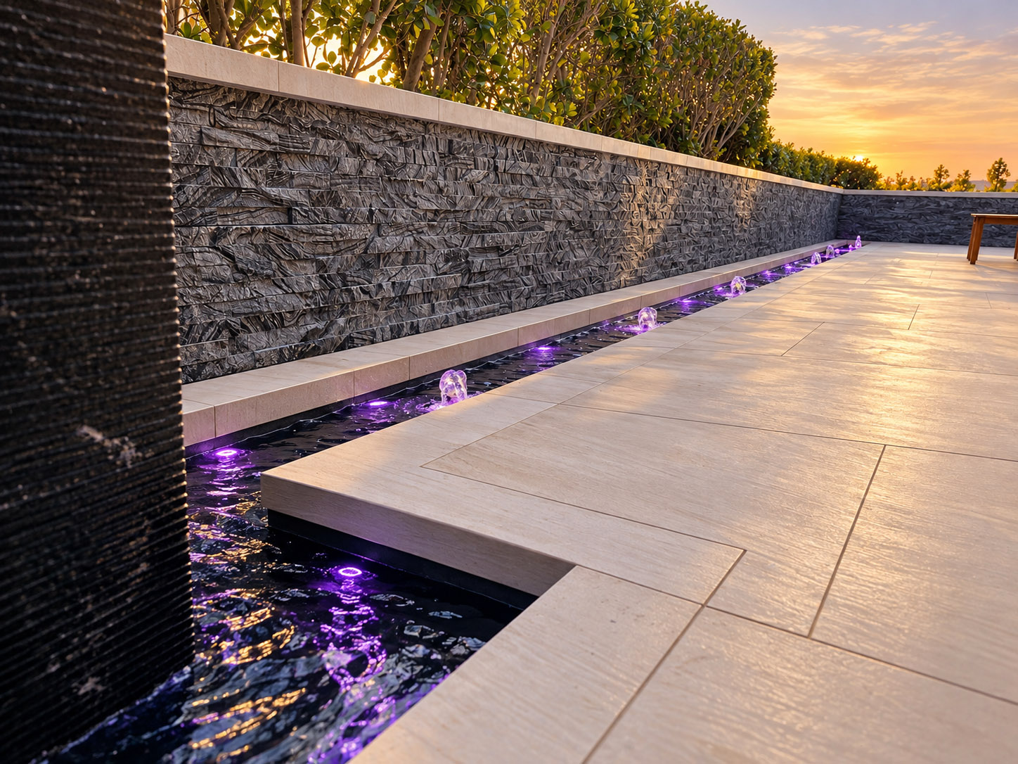 Lit perimeter waterway with bubblers along a stacked stone wall and limestone deck at sunset in Corona del Mar