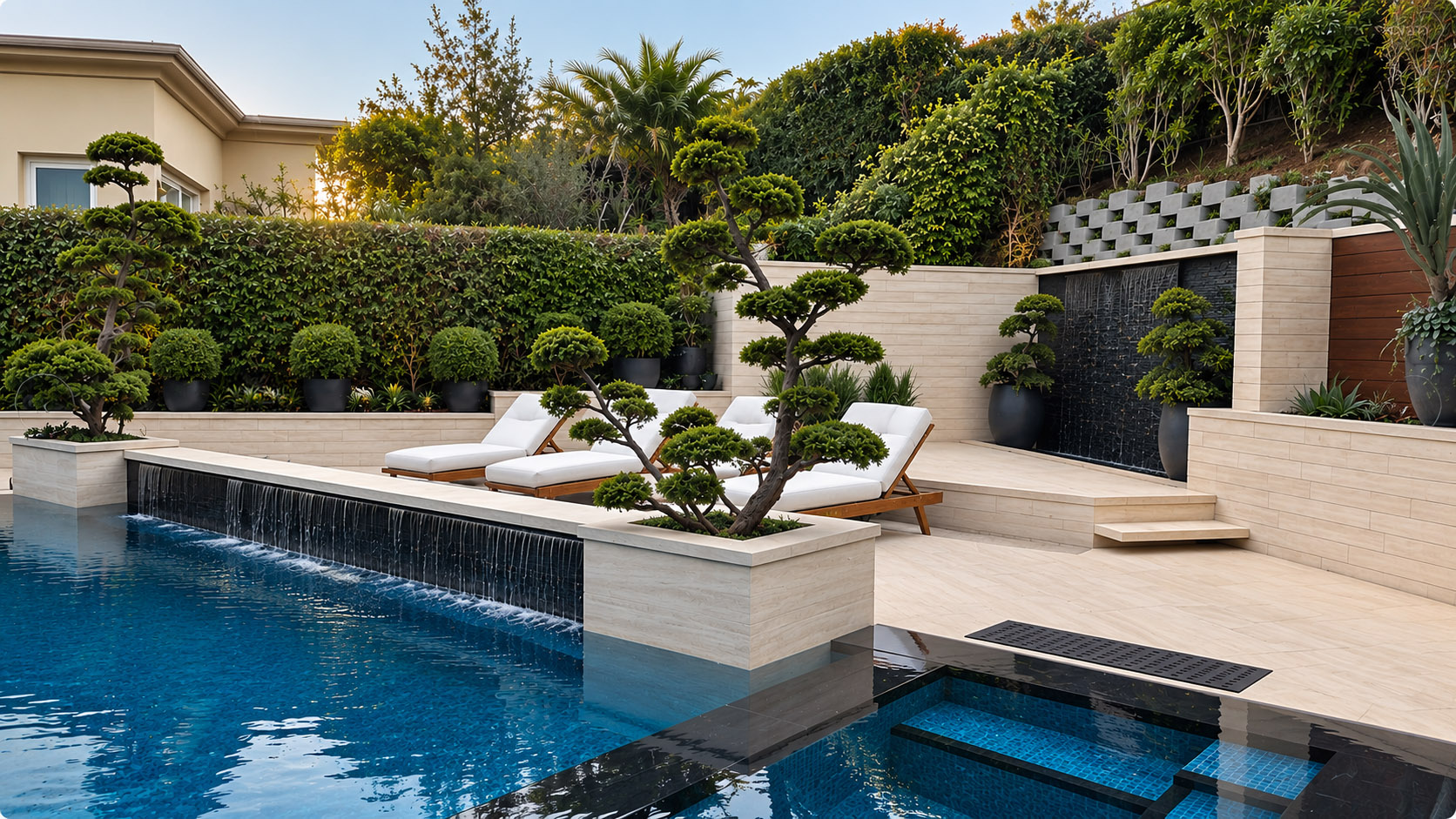Infinity pool, focal bonsai trees, limestone deck and cascading water features in a Corona del Mar backyard