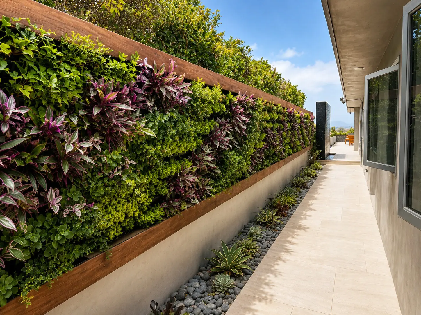 30-foot living wall in an ipe frame along the side yard of a Corona del Mar residence by Elevation Living Walls