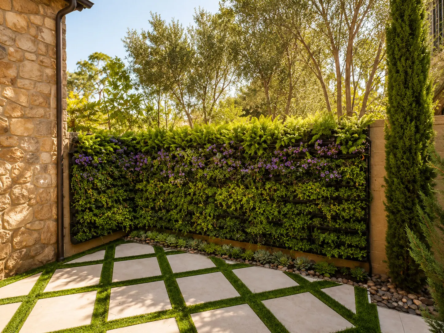 Garden living wall enclosing a luxury courtyard with grass-joint paver patio