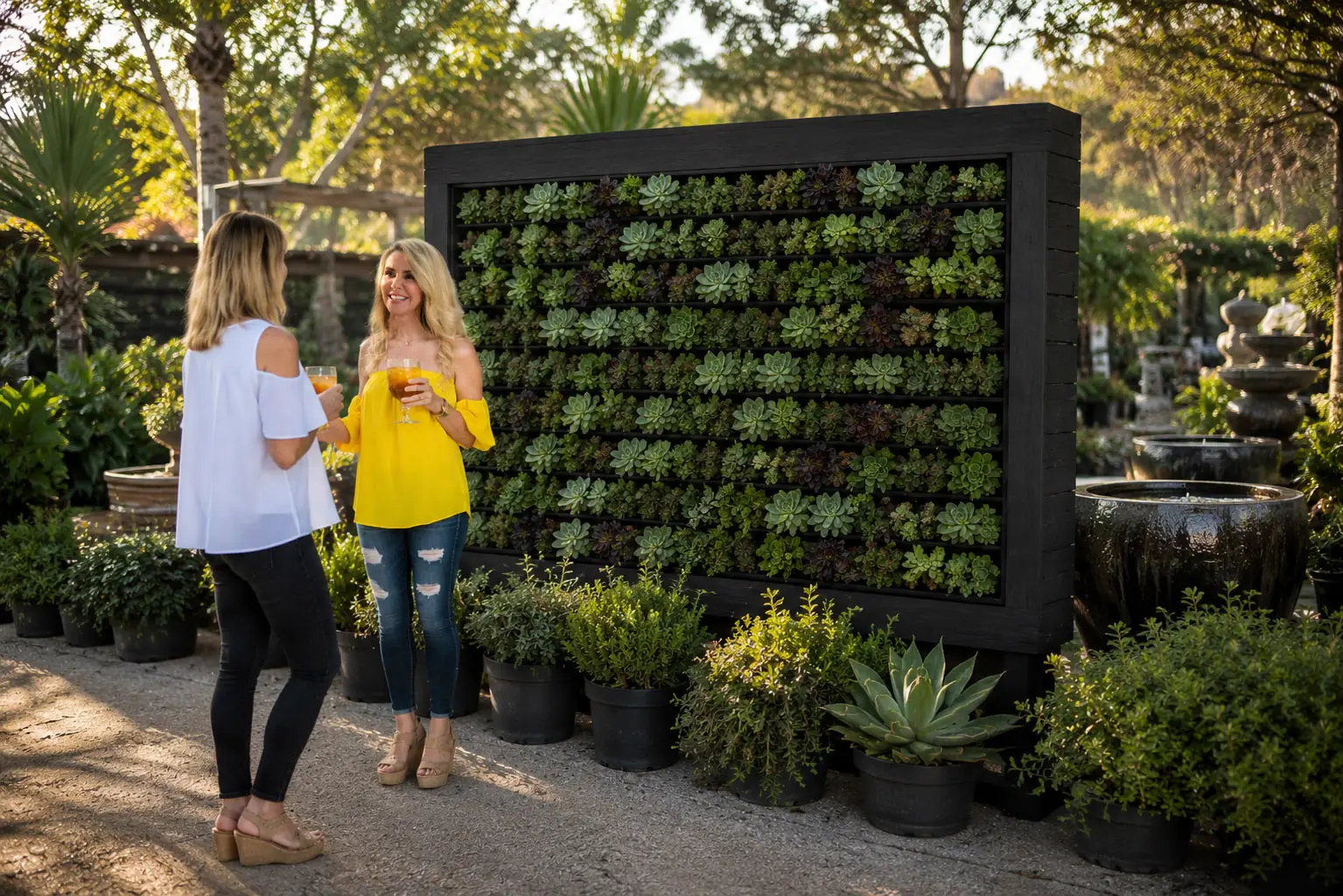 Succulent living wall display at a Southern California garden center