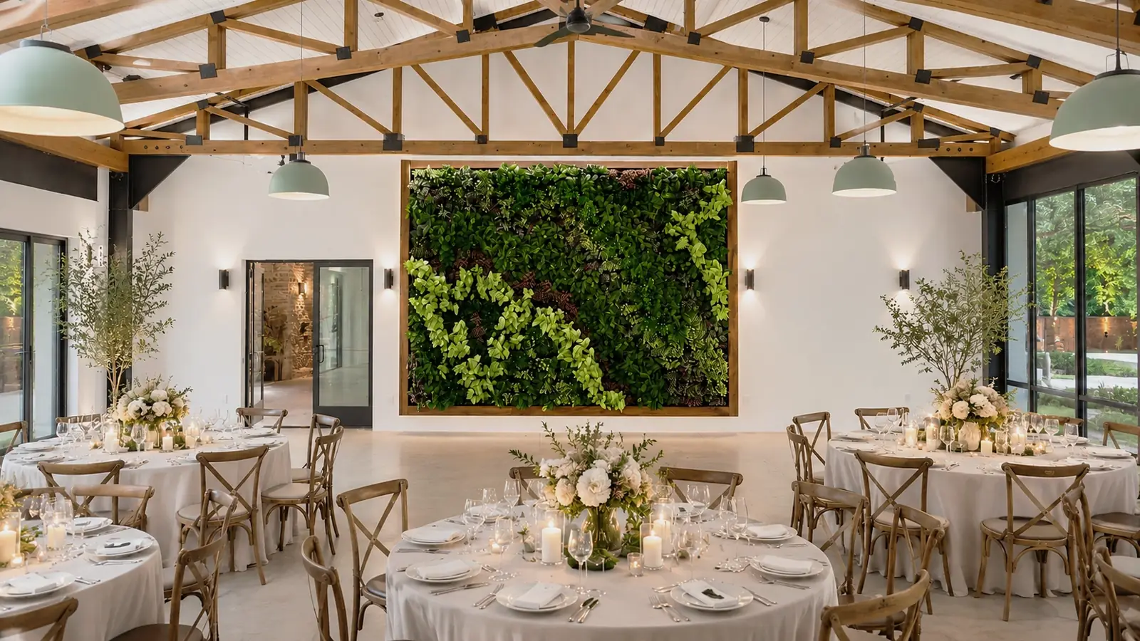 Framed living wall centerpiece in a wedding and event venue with exposed wood trusses