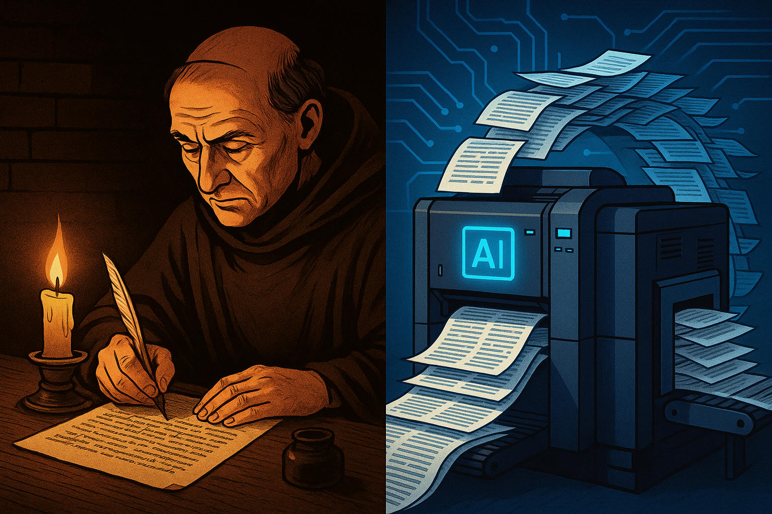Printing press vs hand-copying manuscripts showing the AI advantage