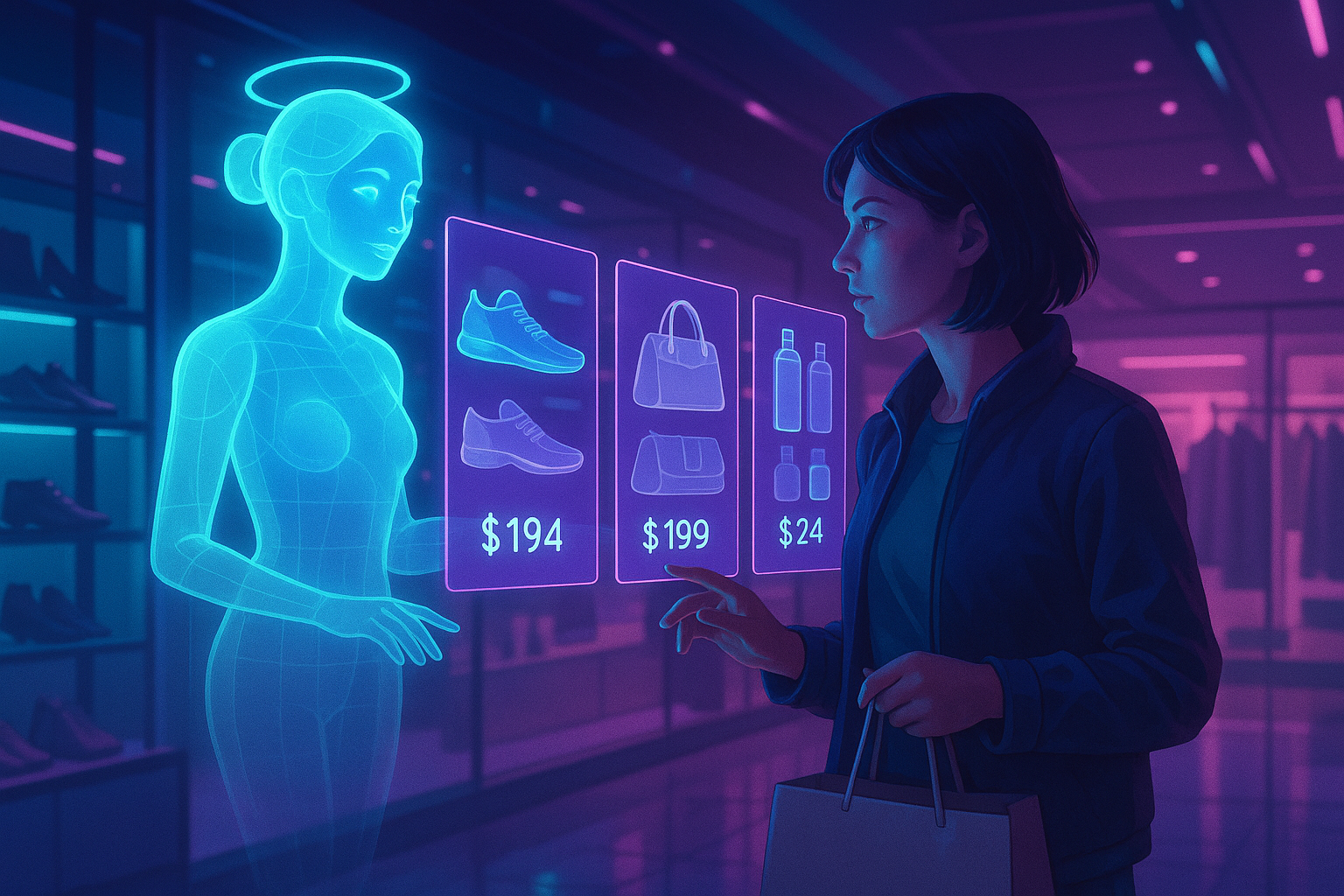 AI assistant helping person shop in futuristic retail