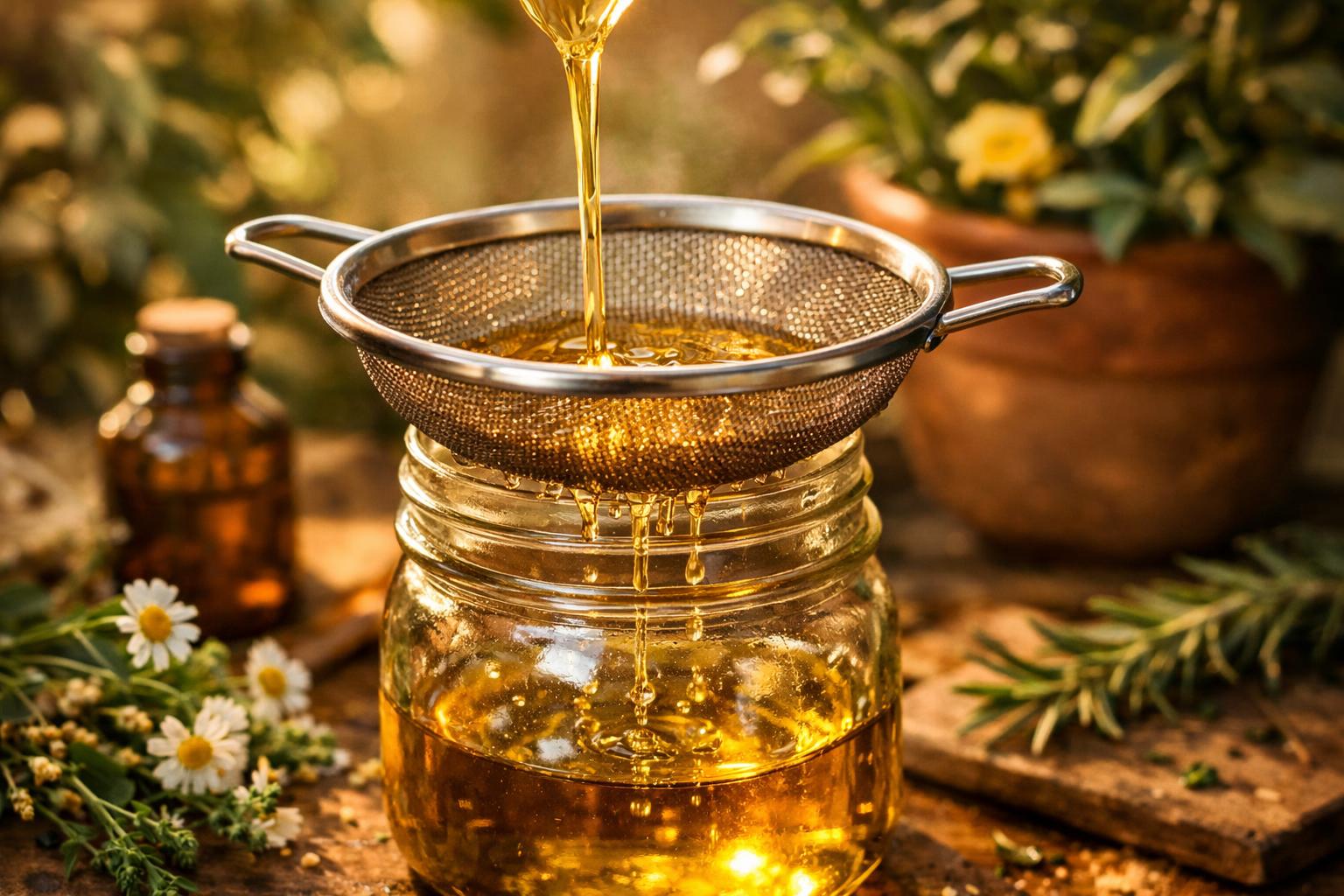 Straining oil through a fine mesh strainer