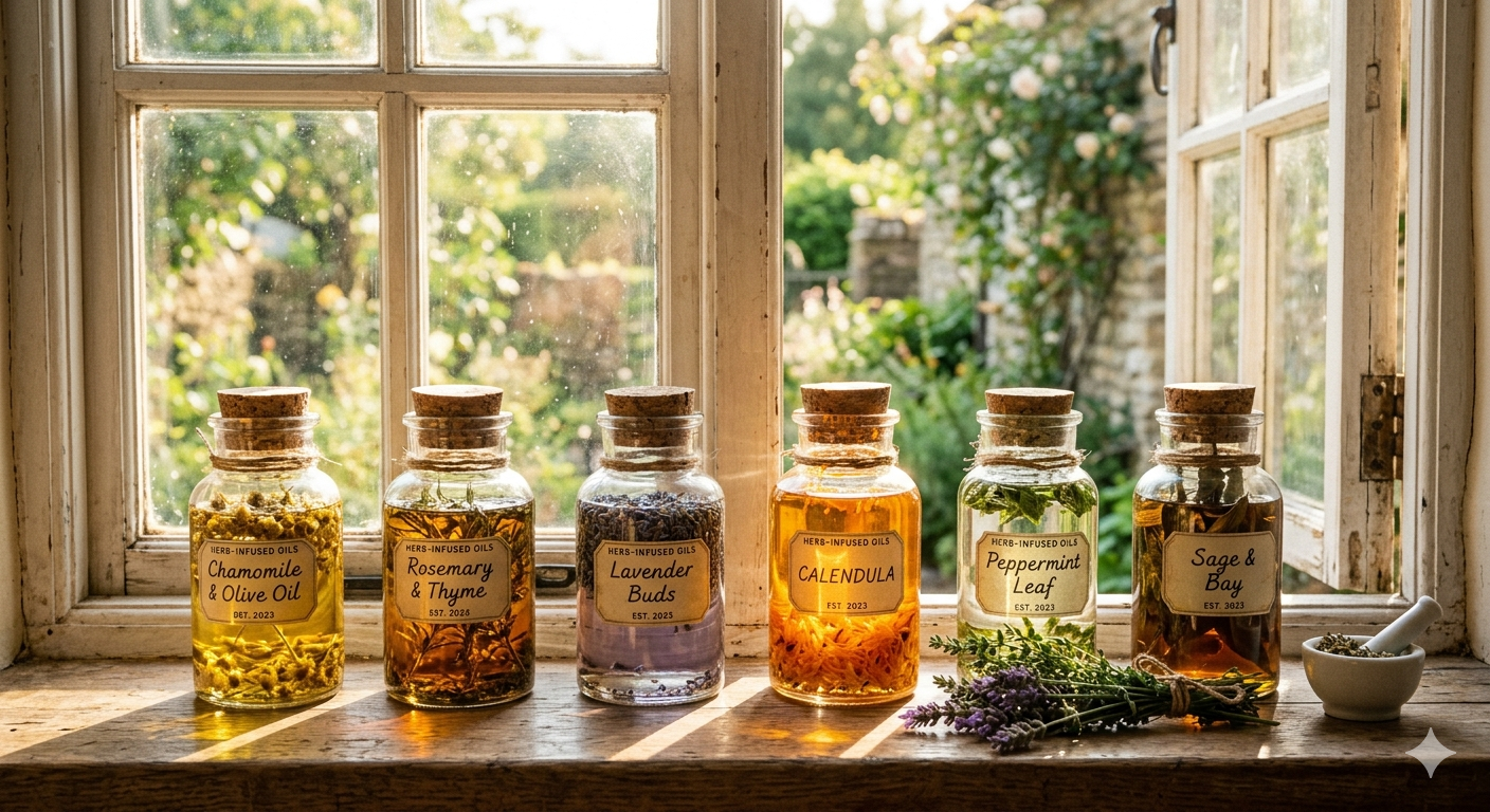 Sunlit apothecary workbench with herbs and oil