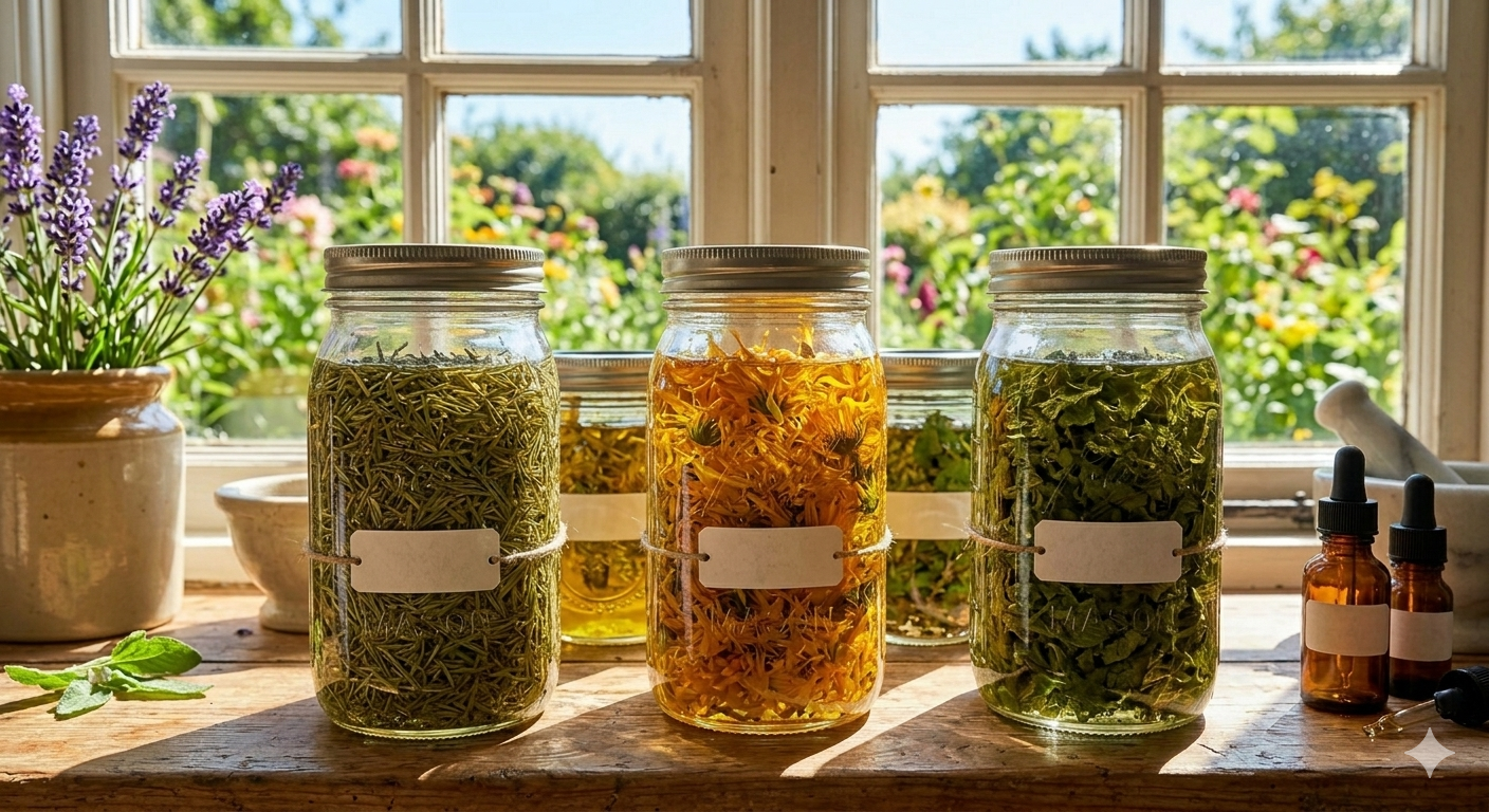 Jars of infusing oil on a sunny windowsill