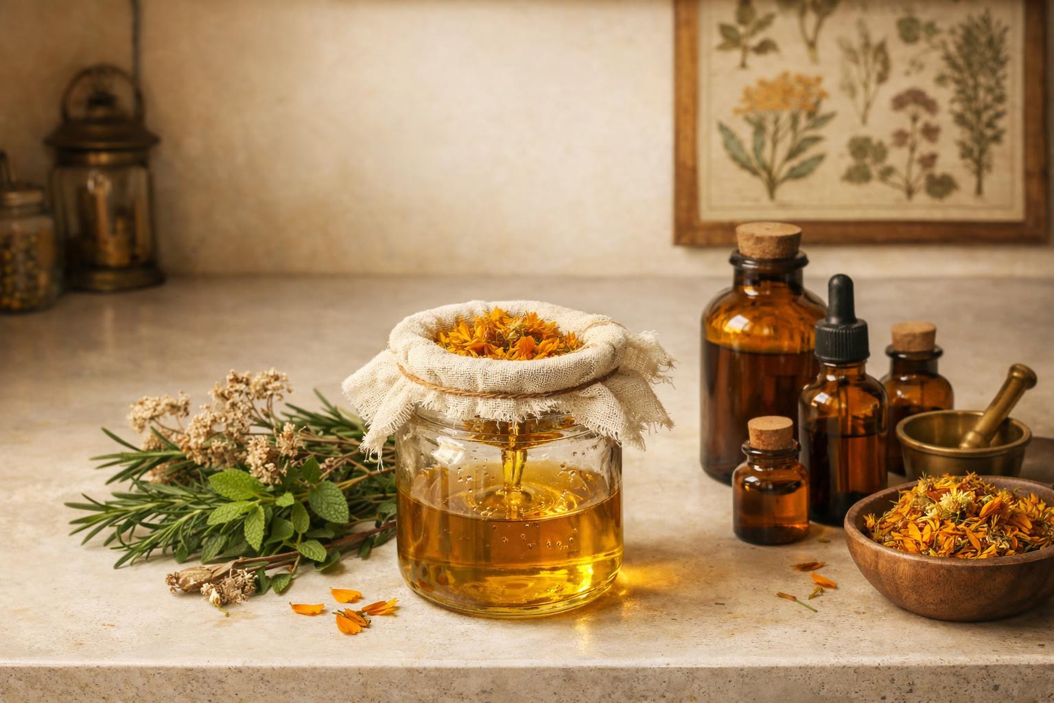 Straining oil through cheesecloth