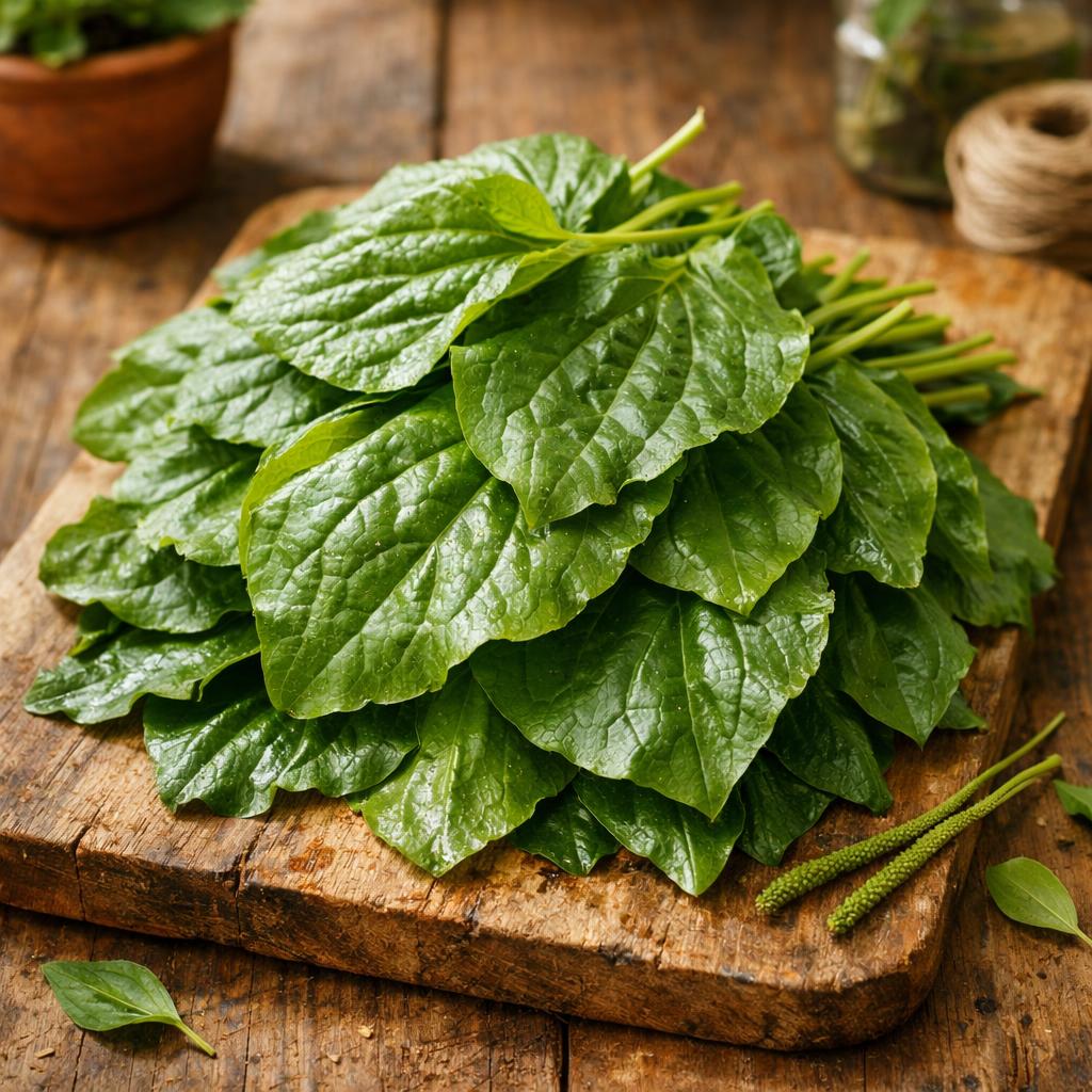 Fresh plantain leaves on a board