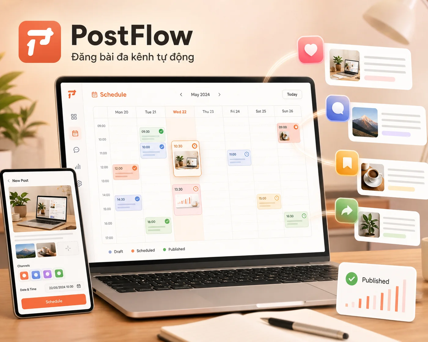 Qua tang PostFlow dang bai da kenh tu dong