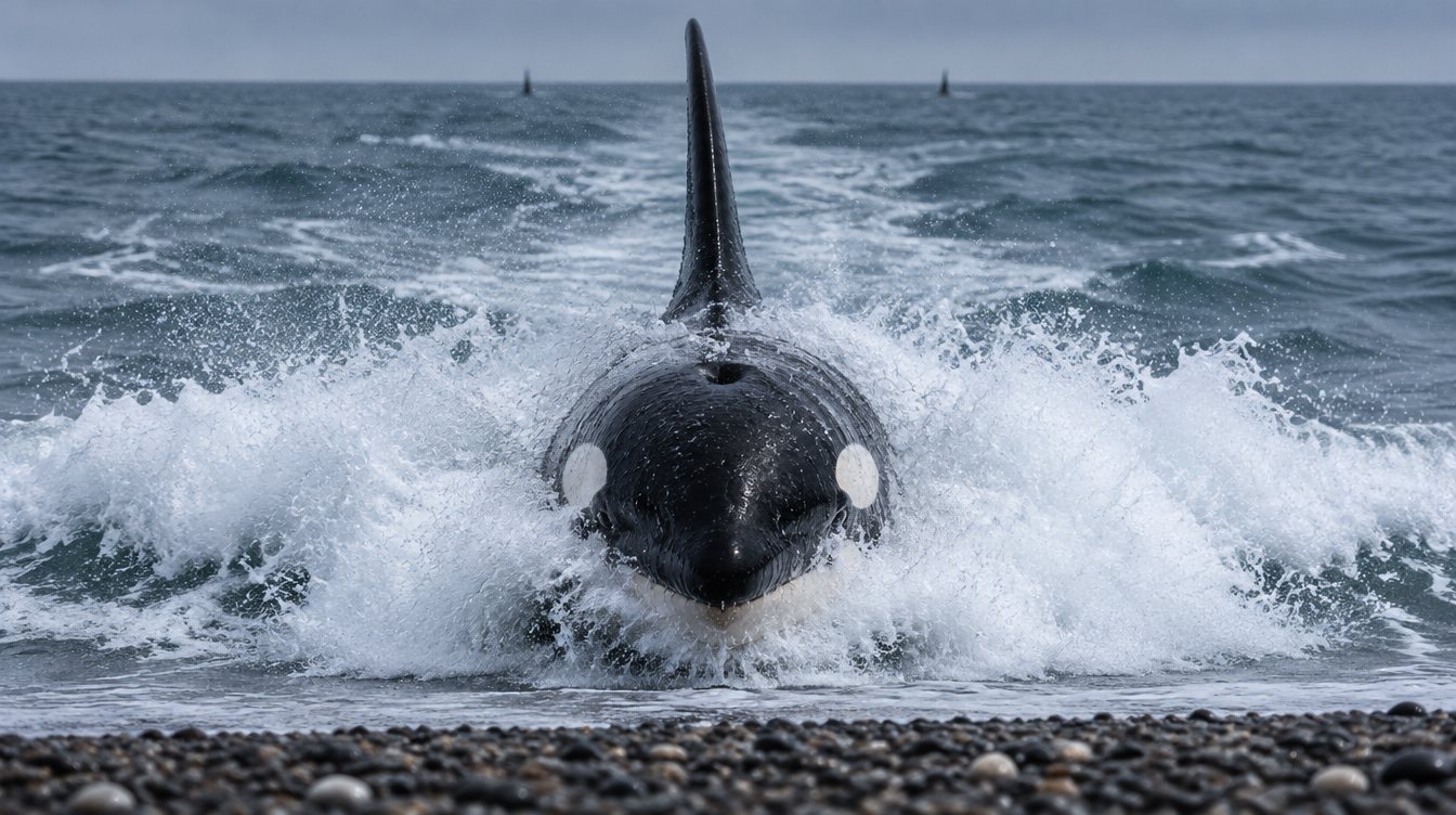 An orca charges head-on through the surf toward a pebble beach.
