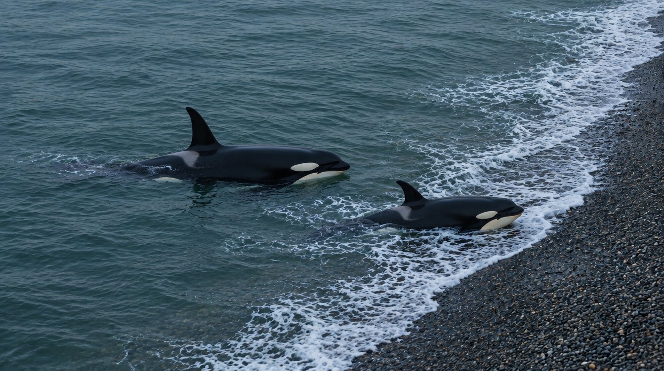 An adult orca and a young orca swim together along the edge of a pebble beach.