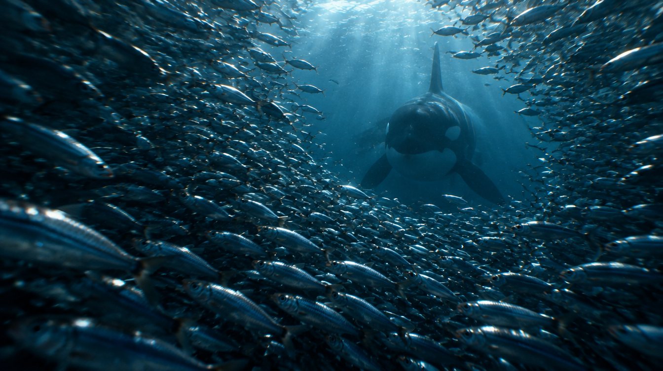 An orca swims through a parted school of herring toward the viewer.