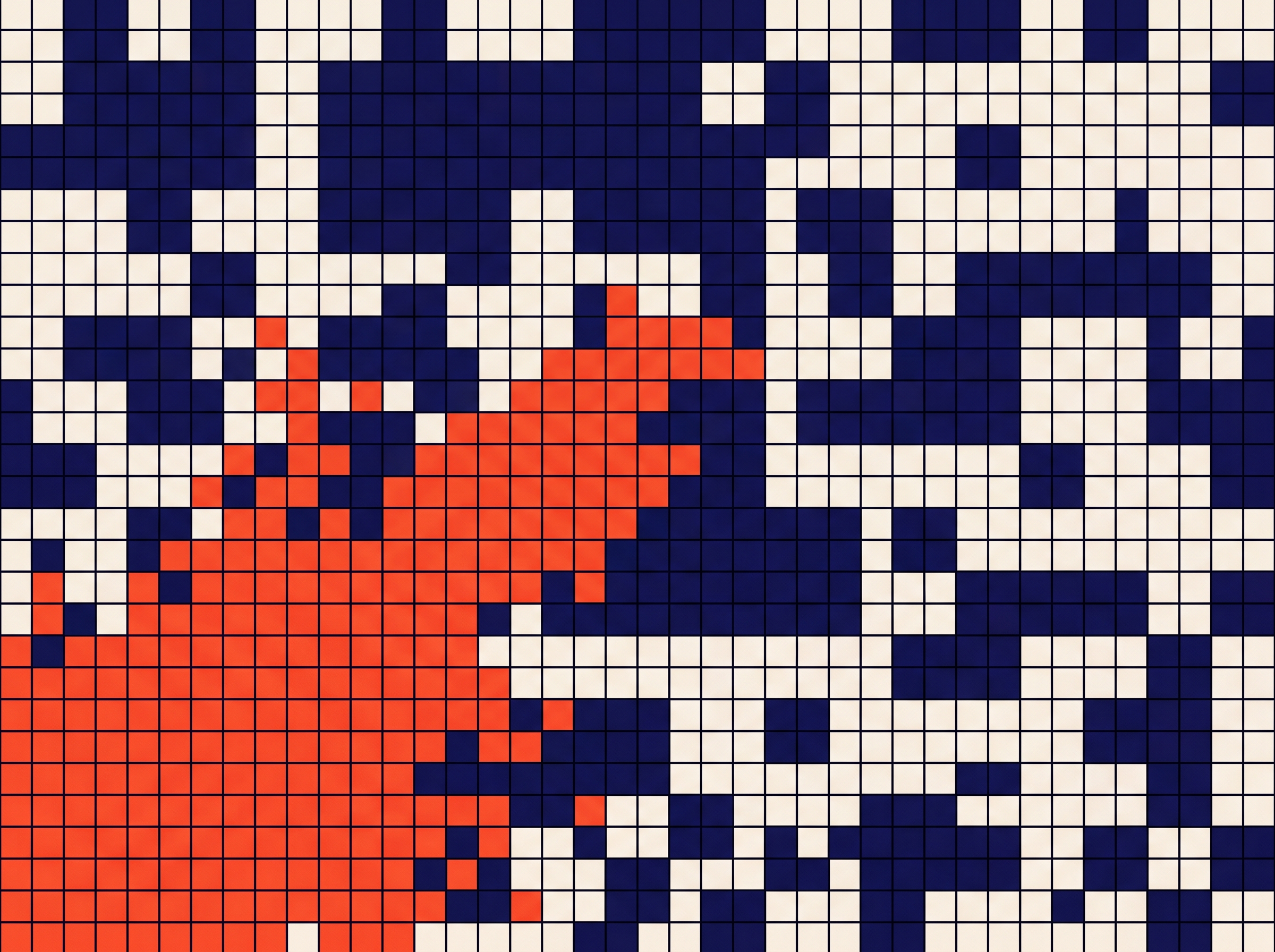 Composición gráfica de mosaicos en azul, marfil y naranja
