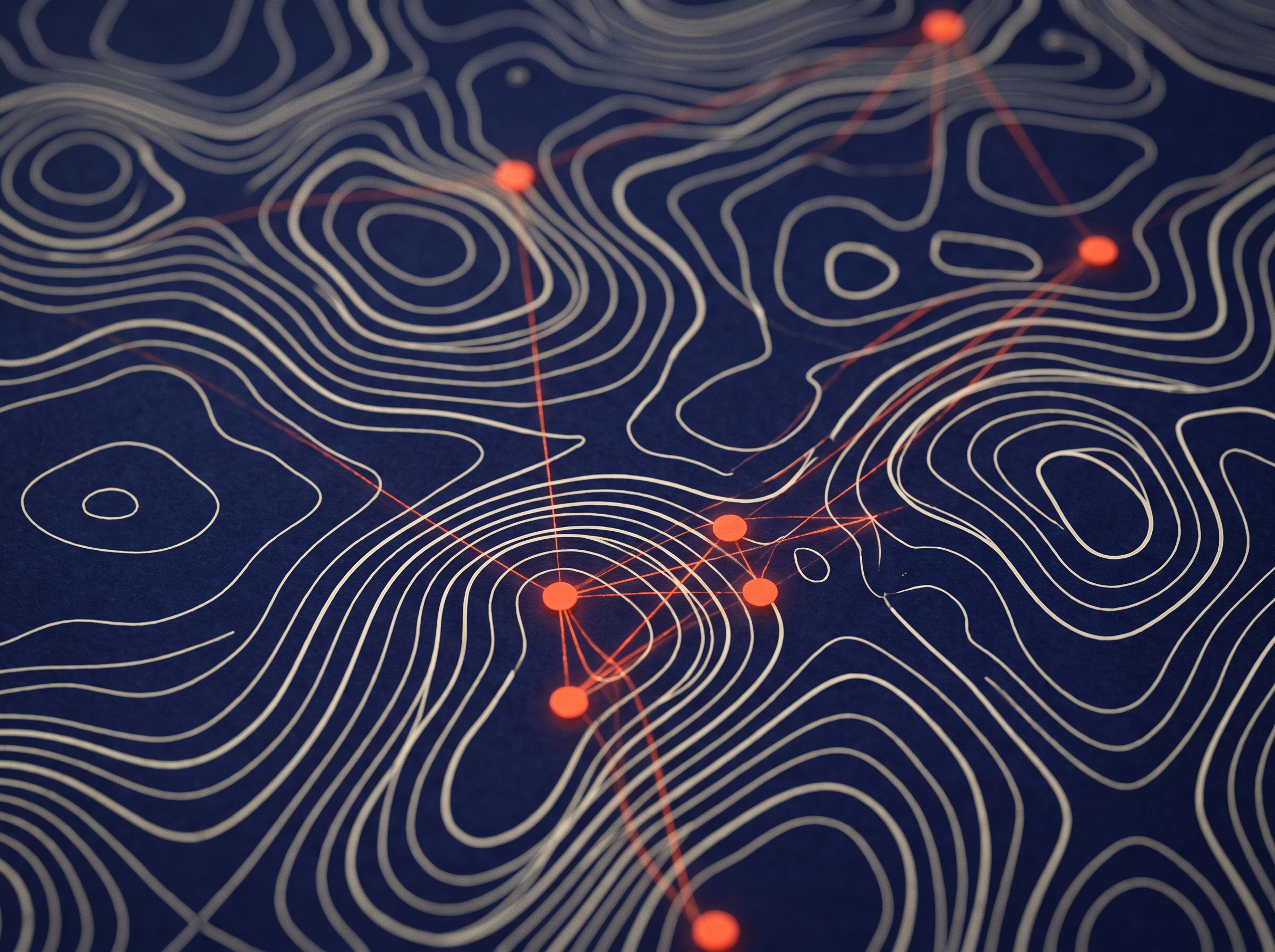Mapa topográfico abstracto con nodos naranjas conectados