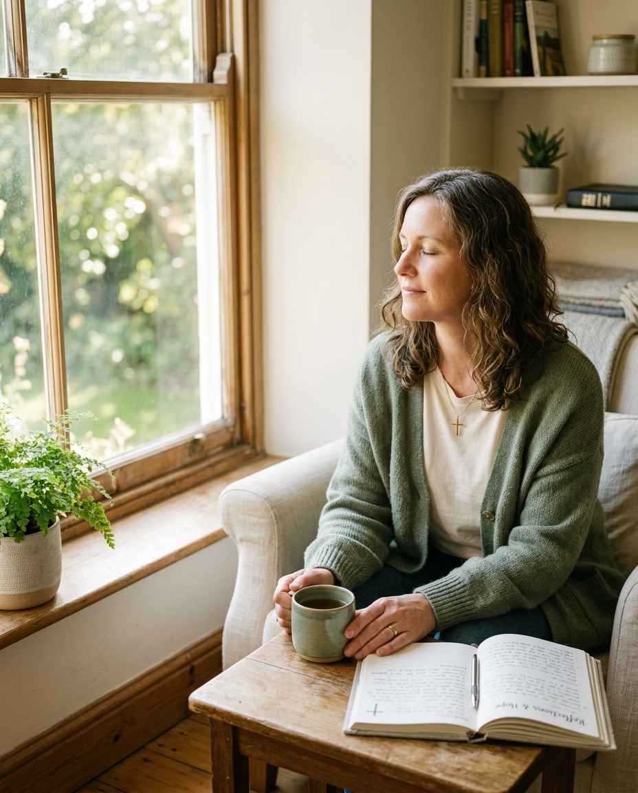A woman resting peacefully, journaling in warm sunlight