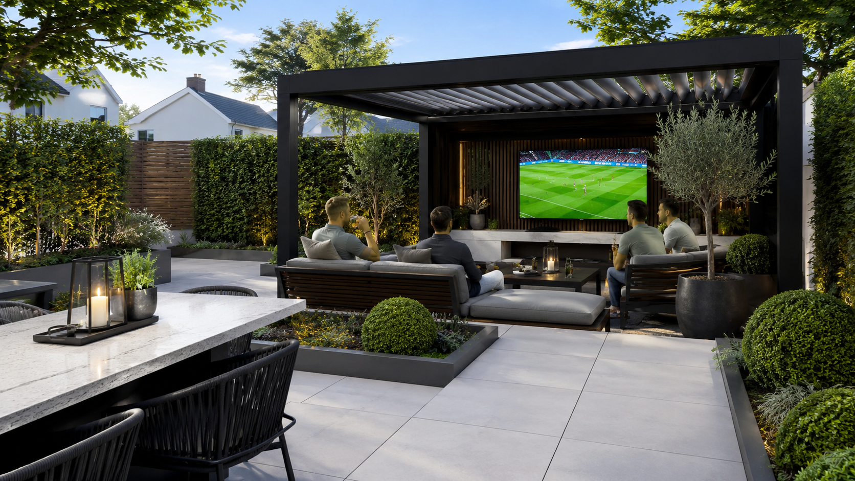 Dublin garden dining and seating area arranged for summer world cup social gatherings 